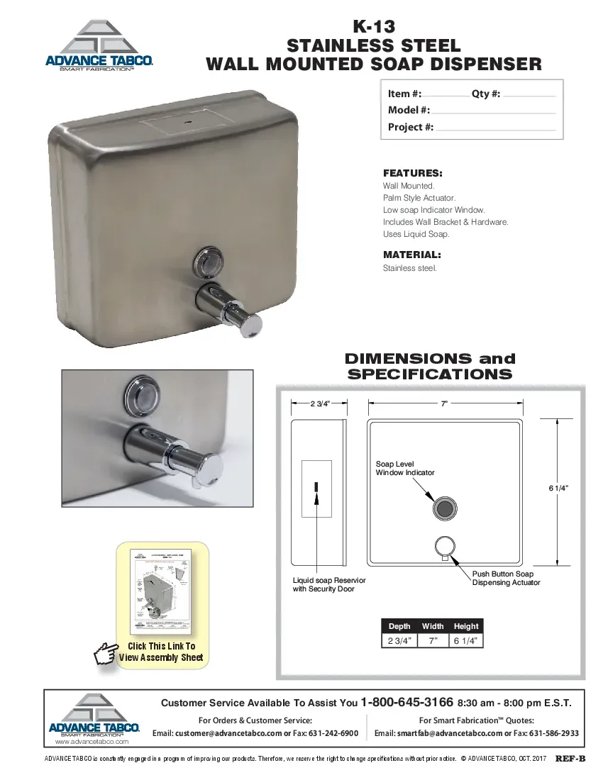 advance-tabco-k-13-hand-soap-sanitizer-dispenser-specsheet-260221b85zan.pdf